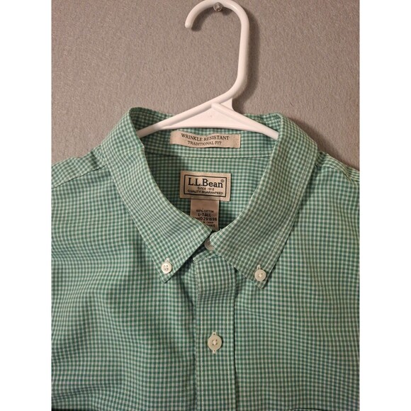 LL Bean Dress Shirt Mens L Tall Green Check Traditional Fit Wrinke Resistant - Picture 1 of 6